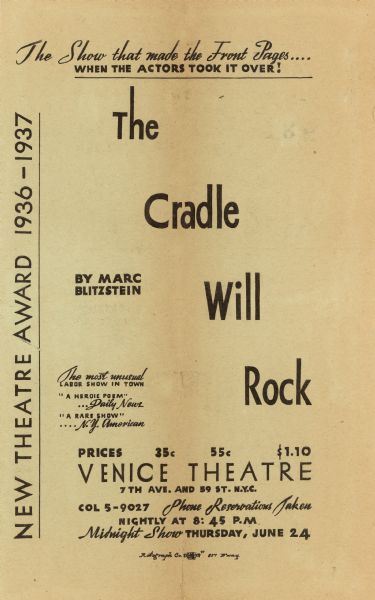 Front page of the program for the performances of The Cradle Will Rock at the Venice Theatre.