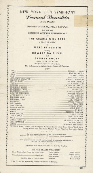 Program for the New York City Symphony performance of The Cradle Will Rock. Leonard Bernstein was the musical director and Howard Da Silva starred in and staged the production.