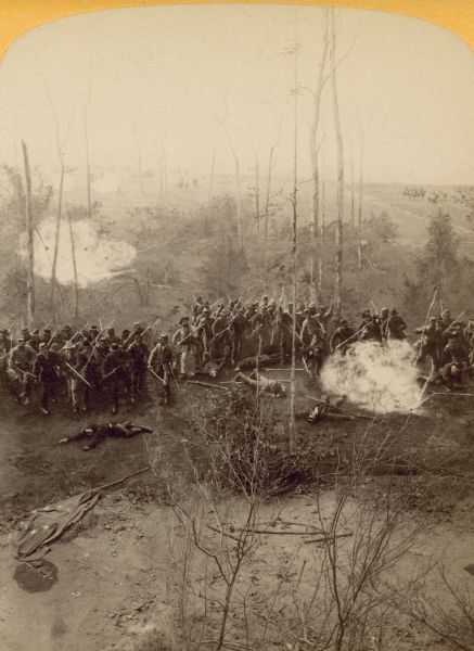 A stereograph view of a cyclorama of the Battle of Shiloh. Caption on stereograph reads, "1st Ark. Con. Regiment making a charge in "Hornets Nest.'"