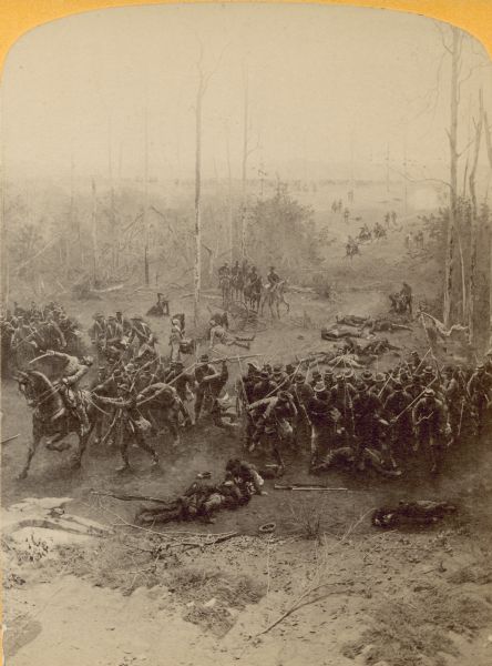 A stereograph view of a cyclorama of the Battle of Shiloh. Caption on stereograph reads, "Death of Lieut. Col. Thompson 1st Arkansas Con. Inf."
