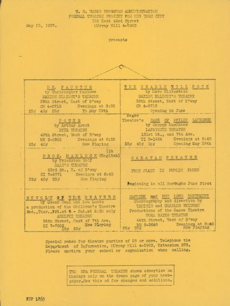 Schedule of Federal Theatre Project productions, as of May 25, 1937, that were currently playing or were upcoming.  There are eight productions listed including The Cradle Will Rock, Dr. Faustus, and Revolt of the Beavers.