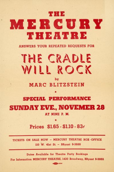 Flyer advertising the special performance of The Cradle Will Rock by The Mercury Theatre.