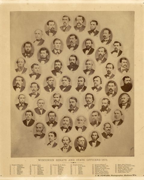 A composite photograph of the members of the Wisconsin Senate and State Officers.