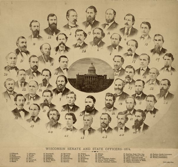 Composite photograph of the Wisconsin Senate and State officers with a key to identify the men in the individual portraits. Features an image of the Wisconsin State Capitol in the center.