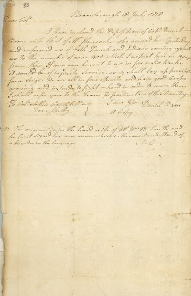 A brief letter written by Daniel Boone to "Dear Col."