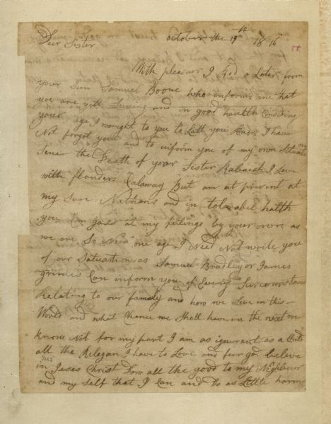The front page of a letter with the greeting "Dear Sister" written by Daniel Boone.