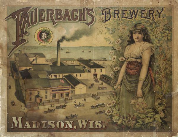 A sign for Fauerbach's Brewery depicting a young woman and the brewery.