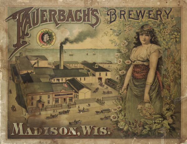 A sign for Fauerbach's Brewery depicting a young woman and the brewery. 