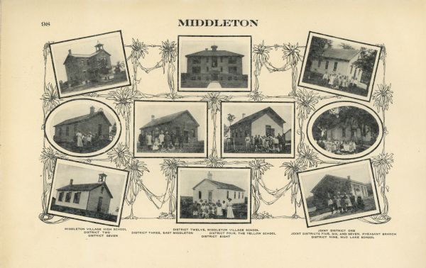 "Standard Historical Atlas of Dane County, Wisconsin." Top half of page 98, showing all of the different district schools in Middleton.