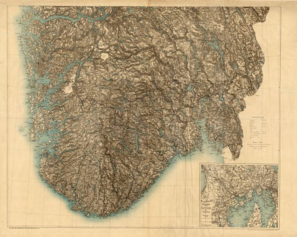 Map of Southern Norway with text in Norwegian. Scale of map 1:500000.