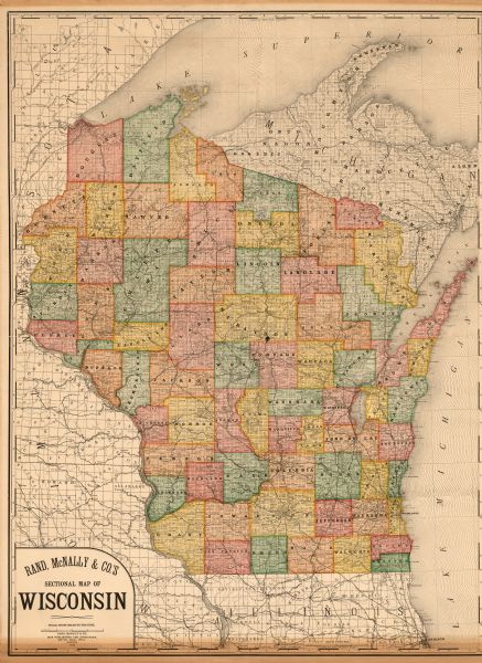A map of the state of Wisconsin sectioned by county. Scale: eight miles to the inch.