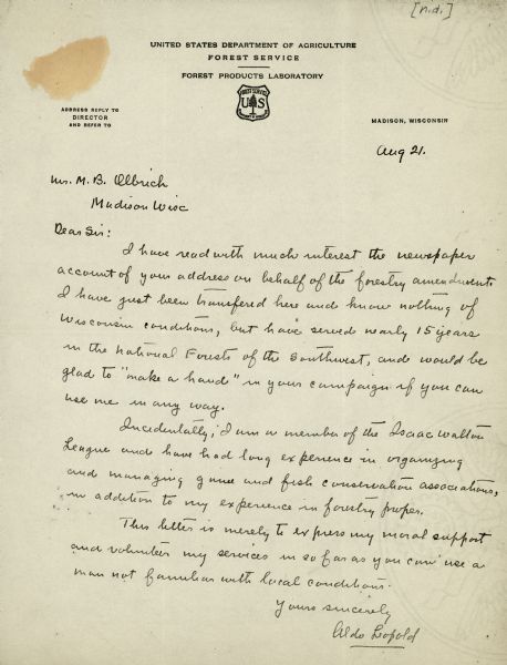 A letter written by Aldo Leopold addressed to M.B. Olbrich.