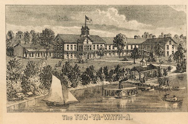 From a map published by Angell and Hastreither, the drawing depicts the Tonyawatha Spring Hotel grounds on Lake Monona. The hotel, located in Blooming Grove Township, opened in 1879 and on July 31, 1895 was destroyed by a fire.