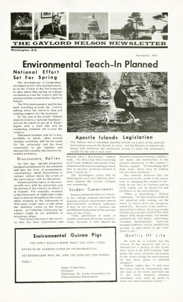 The front page of The Gaylord Nelson Newsletter published in November of 1969. The featured story is "Environmental Teach-In Planned."