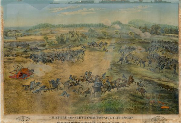 Lithographed advertising poster showing a McCormick grain binder at the Civil War battle of Gettysburg. The poster was based on a cyclorama by French artist Paul Philippoteaux. Produced for the McCormick Harvesting Machine Company by the Central Lithography & Engraving Company of Chicago.