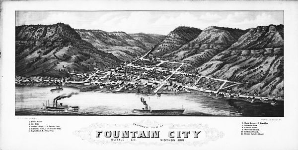 Bird's-eye map over the Mississippi River of Fountain City. Paddle steamers and steamboats are on the river, and bluffs are in the background.