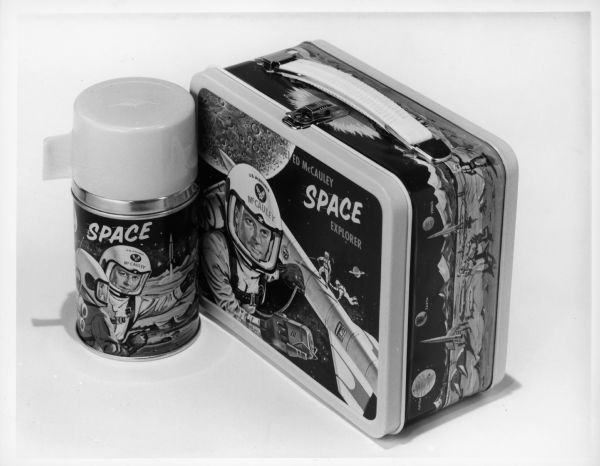 The lunchbox and thermos featuring the character Colonel Ed McCauley from the television show <i>Men Into Space</i>.
