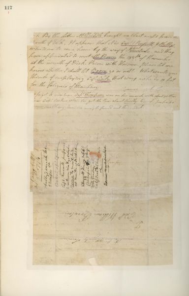 The back page of a repaired letter from Maj. Arthur Campbell to William Preston. From <i>Preston and Virginia Papers</i> [Calendar series Volume 1]: "Royal Oak. Letter to Col. William Preston. Capture and escape of Captain Shelby's negro wench; some think Capt. John Logan is still about, others that Will Emery is responsible for depredations; the latter served as interpreter 'when Col. Donelson run the line'; robbed Knox and Skaggs; Captain Cocke's prospects of raising a large company; Captains Russell and Shelby to return by way of Kentucky; want Boone to meet them at mouth of Dick's River; advisability of sending Captain Cocke instead. A. L. S.  pp. Endorsed: Mr. Campbell Octr. 9th 1774."