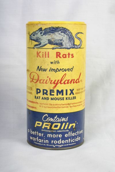 Dairyland rat poison container, made for the Wisconsin Pharmacal Company in Milwaukee. It was a warfarin-based poison.