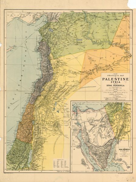 Map showing Aleppo, Zor, Syria, Lebanon, Beirut, Jerusalem, with an inset map of the Sinai Peninsula and Egyptian frontier. Also shows the locations of railways, steamship routes with distances in nautical miles, heights of mountain ranges in feet, and the Baghdad Railway.