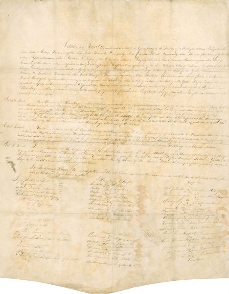Green Bay Treaty, August 18, 1821. The treaty is signed by the chiefs of the six Indian nations for the possession of lands near the Fox River to the Winnebago Lake and approved by President James Monroe.