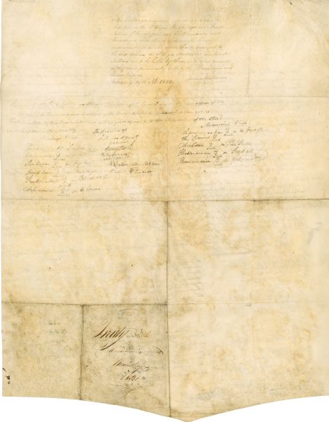 The reverse side of the Green Bay treaty, August 18, 1821. The treaty is signed by the chiefs of the six Indian nations for the possession of lands near the Fox River to the Winnebago Lake and approved by President James Monroe.