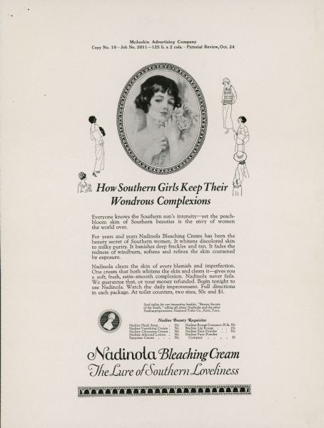 An illustrated advertisement for Nadinola Bleaching Cream, claiming that it's "How Southern Girls Keep Their Wondrous Complexions".