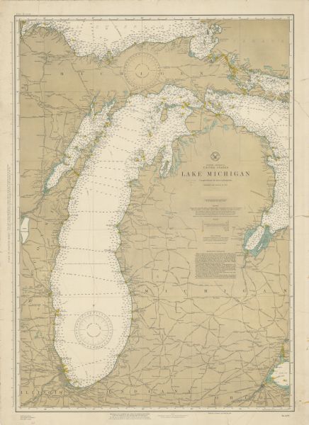 Chart of Lake Michigan noting soundings near shore and across the lake between harbors. Also included are portions of Wisconsin, Michigan, Illinois, Indiana, and Ohio with railroads, waterways, and several cities marked.