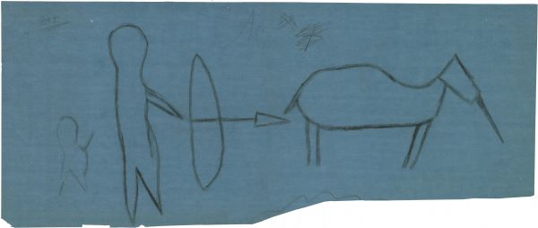Tracing of a petroglyph depicting an animal figure pursued by a human figure with a bow and arrow followed by a child.