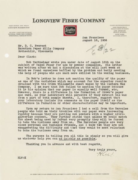 A letter written to D.C. Everest by H.L. Wollenberg.