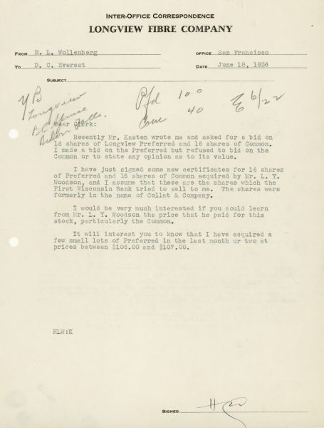A letter written to D.C. Everest from H.L. Wollenberg of the Longview Fibre Company.