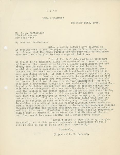 A letter to M.A. Wertheimer from John M. Hancock detailing a business plan for Lehman Brothers.