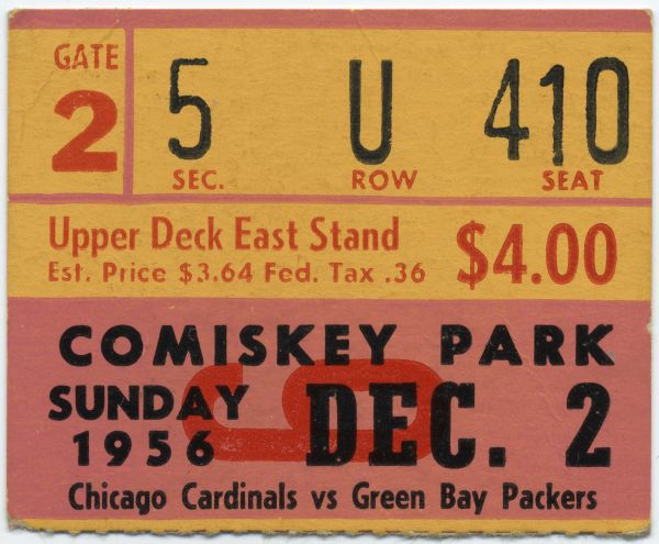 Ticket stub for a football game between the Green Bay Packers and the Chicago Cardinals played at Comiskey Park on December 2, 1956.