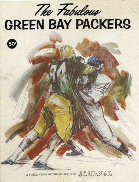 Cover of a <i>Milwaukee Journal</i> publication commemorating the Green Bay Packers 1967 championship season. The cover features a drawing by Gregg Klees of a Packer player (#84 Carroll Dale) blocking a Chicago Bears player (#26 Bennie McRae).