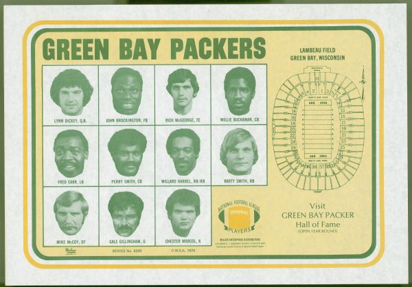 Place mat featuring portraits of eleven players of the Green Bay Packers and a Lambeau Field seating chart. Players include: Lynn Dickey (quarterback), John Brockington (full back), Rich McGeorge (tight end), Willie Buchanan (corner back), Fred Carr (line backer), Perry Smith (corner back), Willard Harrel (running back/kick return), Barty Smith (running back), Mike McCoy (defensive tackle), Gale Gillingham (guard), and Chester Marcol (kicker).