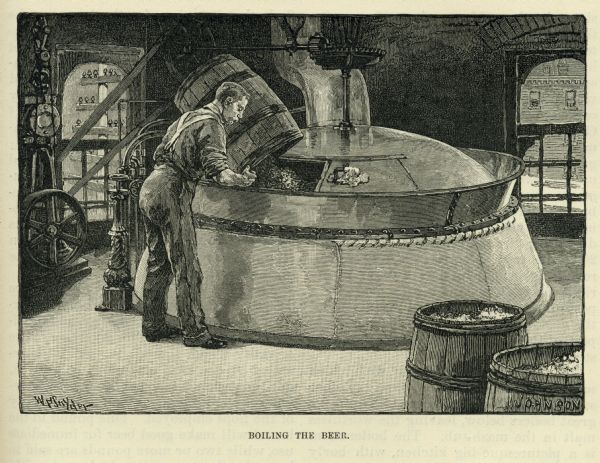 Engraved image of a man adding ingredients from a barrel to a boiling vat of beer.
