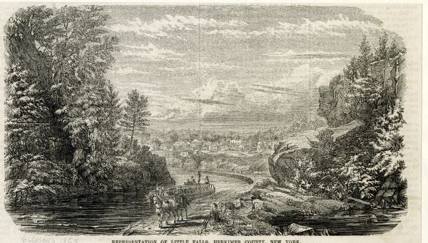 Engraved image of a boat being towed through a canal at Little Falls by a team of horses. A small town is in the background.