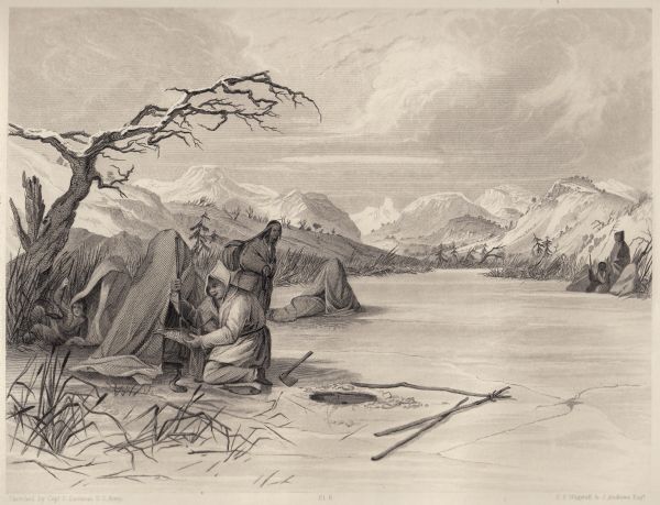 Small group of Native Americans spearing fish through ice on a river. Mountains can be seen in the background.