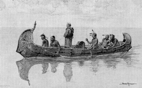 Photographic print of an engraved image showing a robed missionary standing in a birch bark canoe paddled by four Native Americans and another man who appears to be a fur trader.