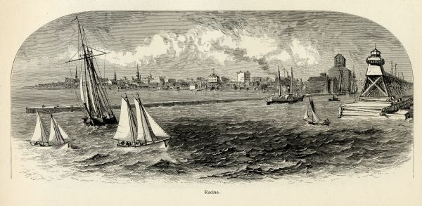 Engraved view of downtown Racine seen from Lake Michigan. Several vessels are entering the harbor, and a pier with a beacon is on the right.