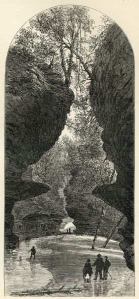 Engraved view of Rood's Glen. A boy plays with a toy boat at bottom left while two men and a woman talk at bottom right. Two other figures can be seen in the distance.