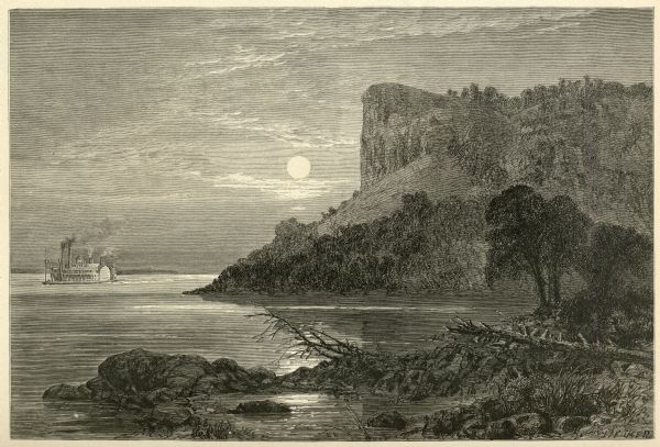 Engraved view of Maiden's Rock at Lake Pepin. A steamboat is on the Mississippi River.