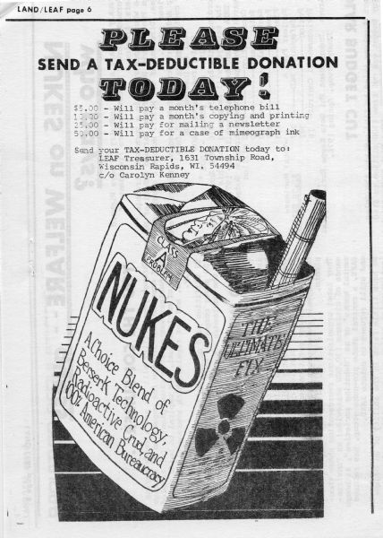 Solicitation for donations to the League of Educational Associates Foundation appearing on the back page of the League Against Nuclear Dangers newsletter "LAND/LEAF." The ad features a drawing of a cigarette pack labeled "nukes: a choice blend of berserk technology, radioactive crud, and 100% American bureaucracy."