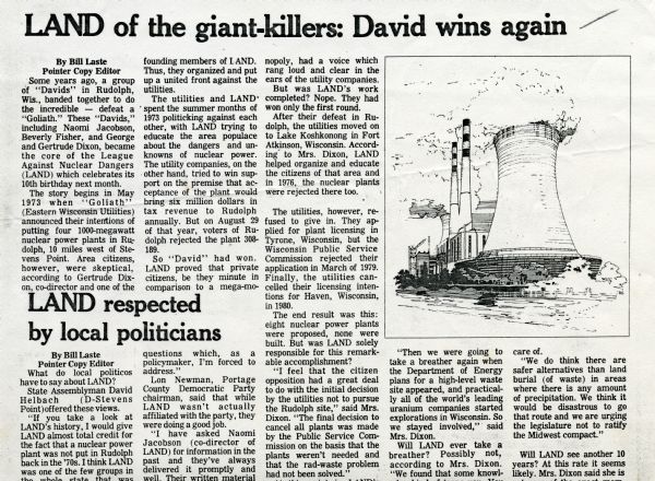 Article from University of Wisconsin-Stevens Point student newspaper <i>Pointer</i> titled "LAND of the giant-killers: David wins again" detailing the success of the League Against Nuclear Dangers in opposing the construction of nuclear power plants in Wisconsin. The article features a drawing of a nuclear plant.