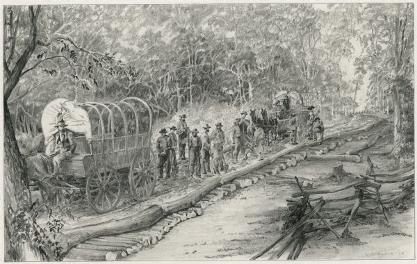 Pencil drawing of men building a corderoy road in the 1860's. Used for historical display for the Wisconsin State Highway Department.