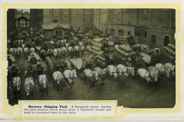 Elevated view of the Pabst Brewery shipping yard showing several teams of horses hitched to wagons loaded with barrels of beer. A man holds the reins of each team. Caption reads: "Brewery Shipping Yard. A frequent scene during the busy season, when more than a hundred teams are used to transport beer to the cars."