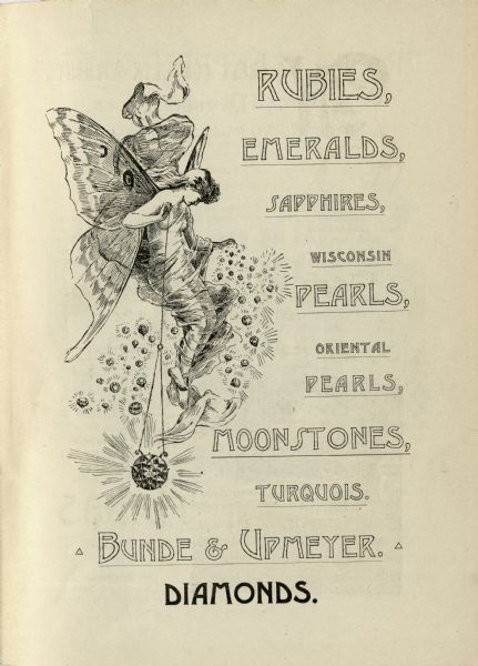 Advertisement for Bunde & Upmeyer jewelers with a drawing of a butterfly-winged faerie holding a jeweled nacklace and hovering among several gemstones. The advertisement specifically mentions Wisconsin pearls.