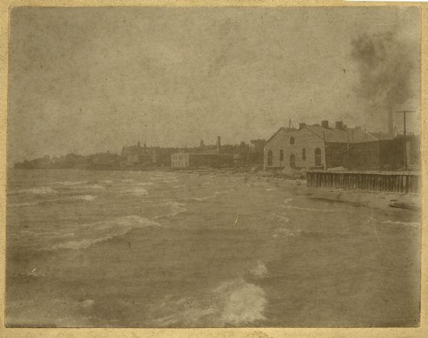 View from Lake Michigan towards the shoreline at Racine looking southwest.