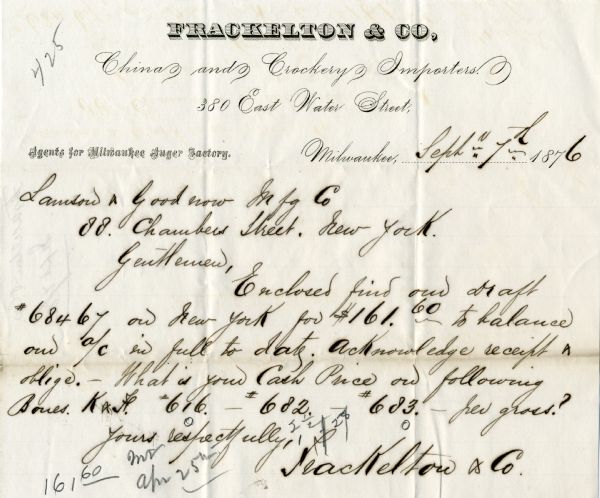 Letter on Frackelton & Co. letterhead regarding a business transaction between Frackelson & Co. and Lawson & Goodnow Manufacturing Co. of New York.