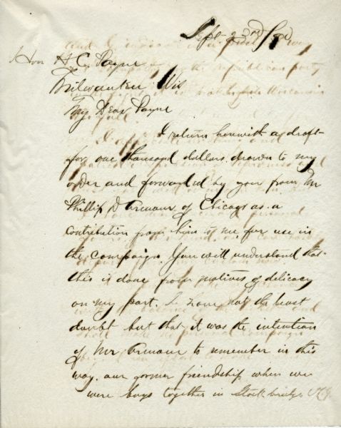 First page of a letter from Governor William Dempster Hoard to Henry C. Payne rejecting a $1000 donation Payne sent from Philip Armour.